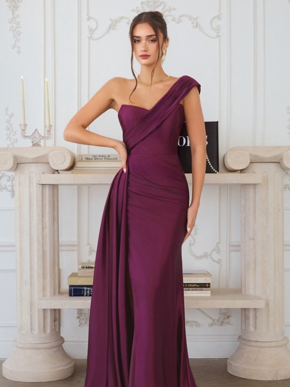 New Eggplant One Shoulder Stretch Satin Mermaid Prom Dress w/ Side Drape CD T817